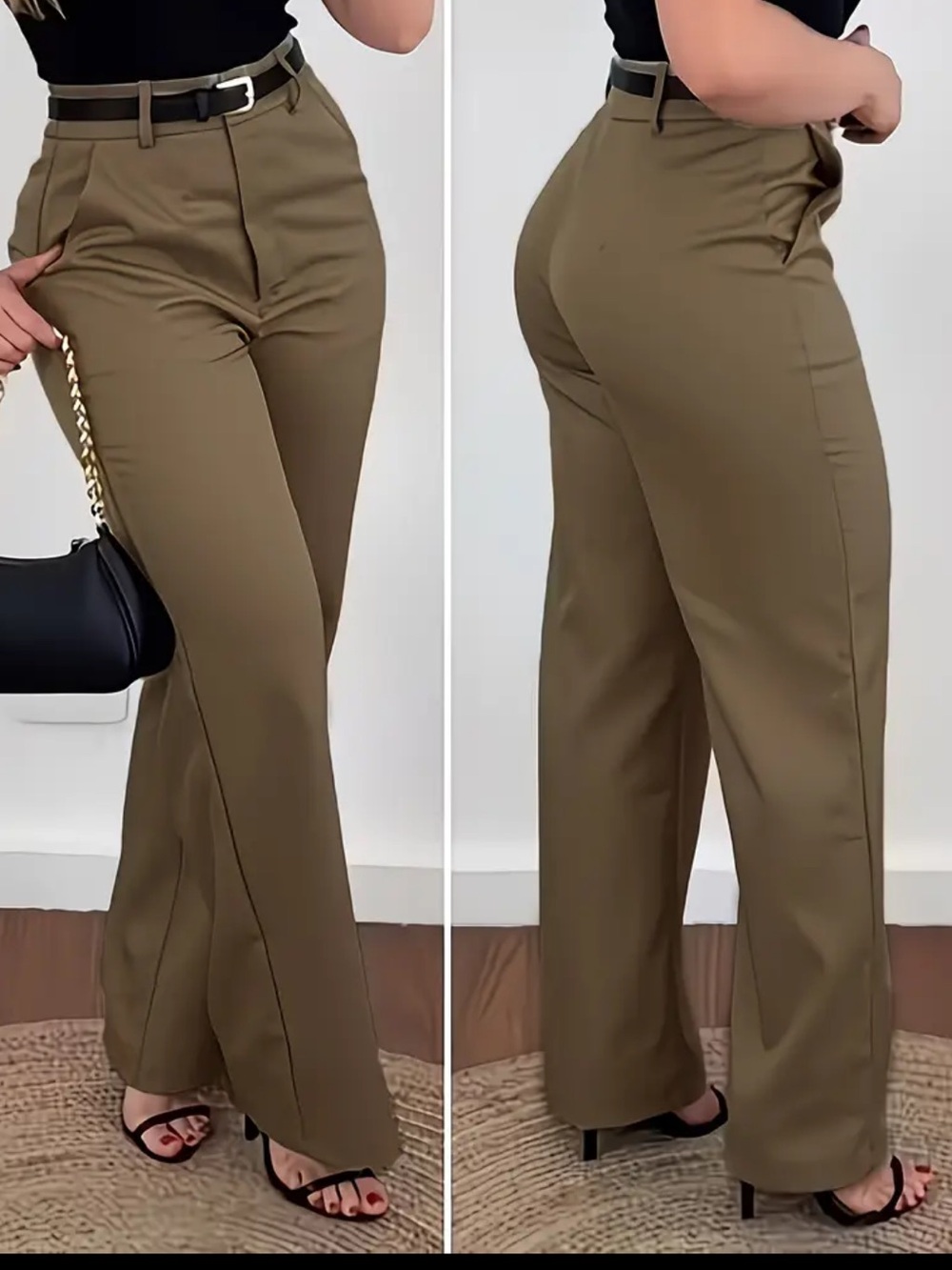 High-Rise Olive Wide-Leg Trousers - Classic Tailored Fit